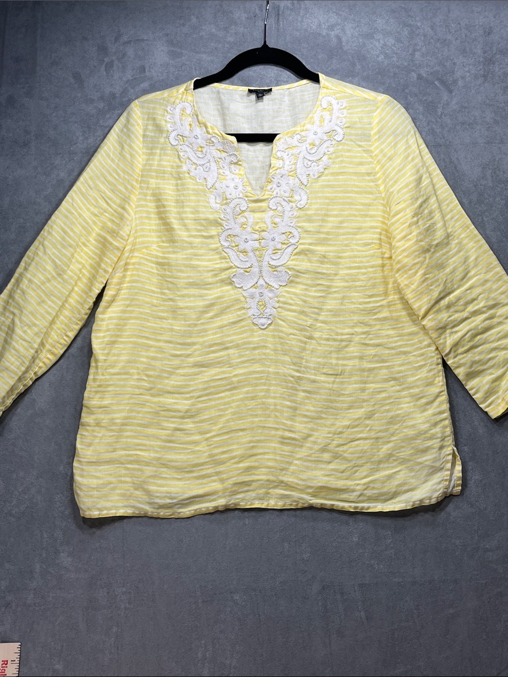 Talbots Petites 100% Linen Yellow Striped Embroidered Tunic Top MP